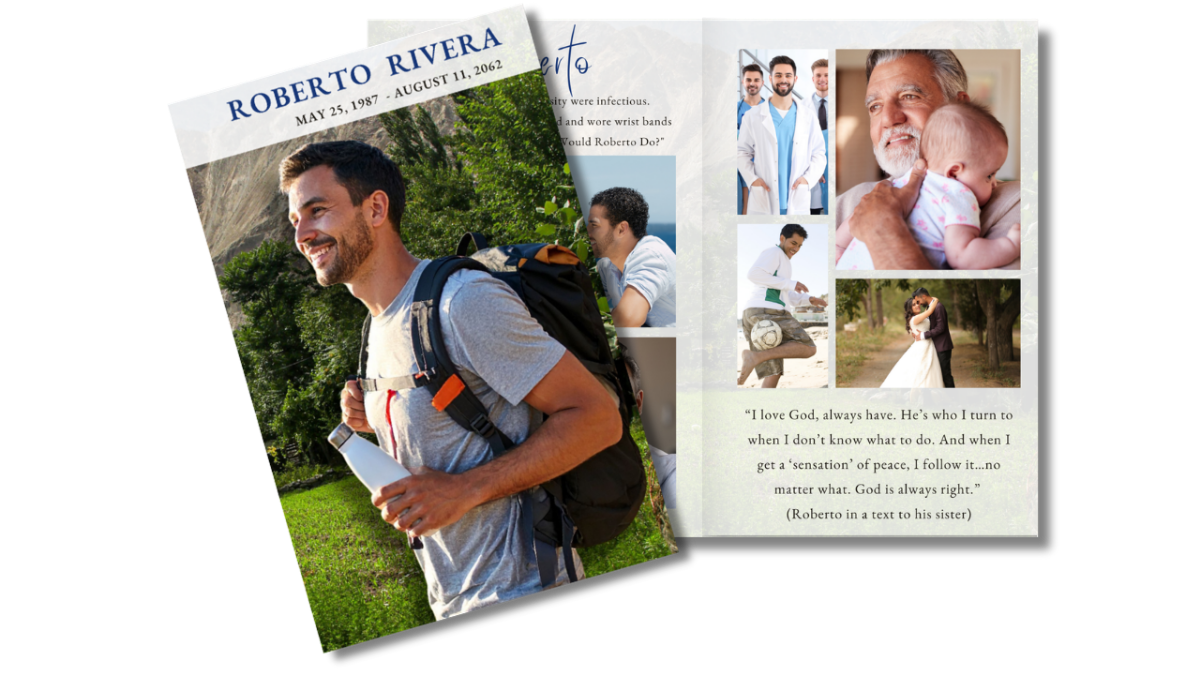 Front cover featuring a man hiking outdoors alongside an open layout displaying personal photos and life moments in a nature-inspired design.