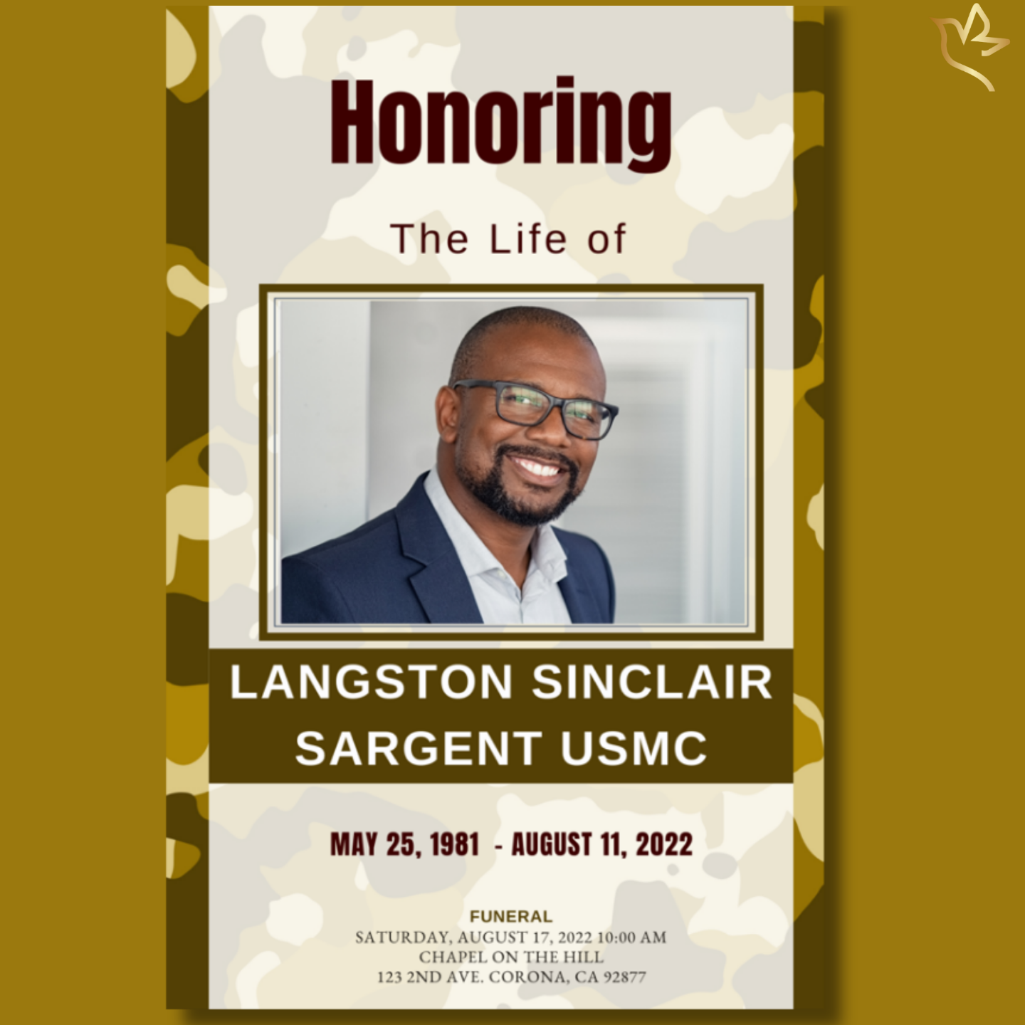 Front cover of the Honored Veteran USMC Funeral Program featuring woodland camouflage, framed photo, and strong military typography.