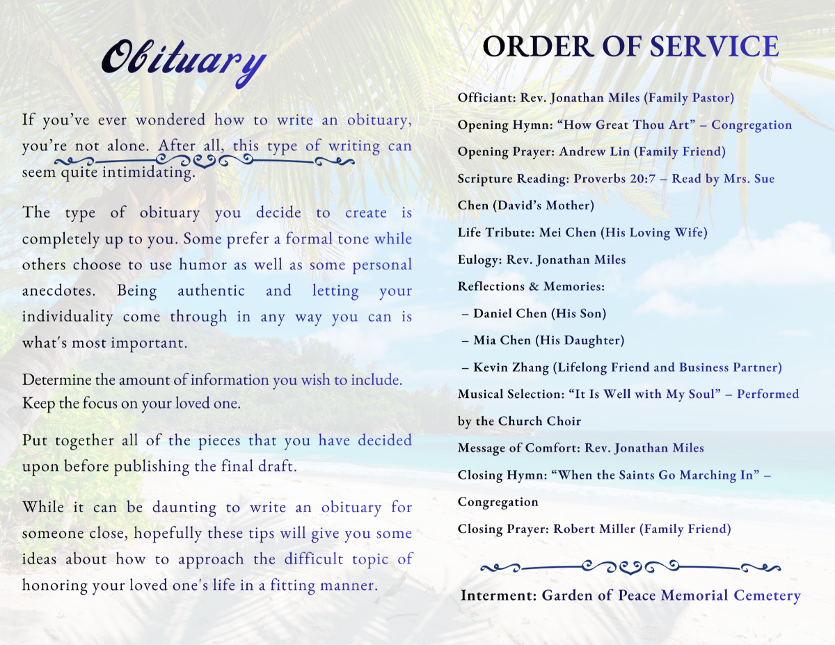 Obituary and order of service pages with clean typography, structured layout, and soft beach-themed background.