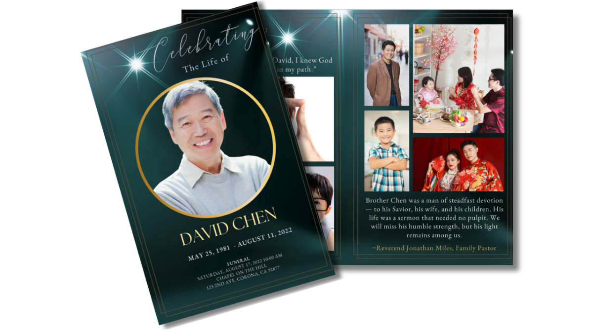 Cover and opened collage page featuring a white dove, heartfelt appreciation message, memorial poem, and refined jade background with gold decorative details.