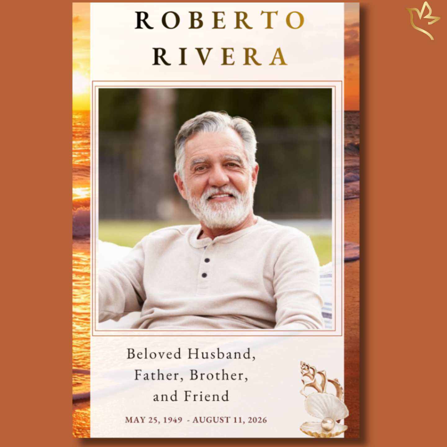 A serene portrait of a man framed by a glowing ocean sunset, with warm golden light reflecting across the water—symbolizing peace, eternity, and a gentle journey beyond.