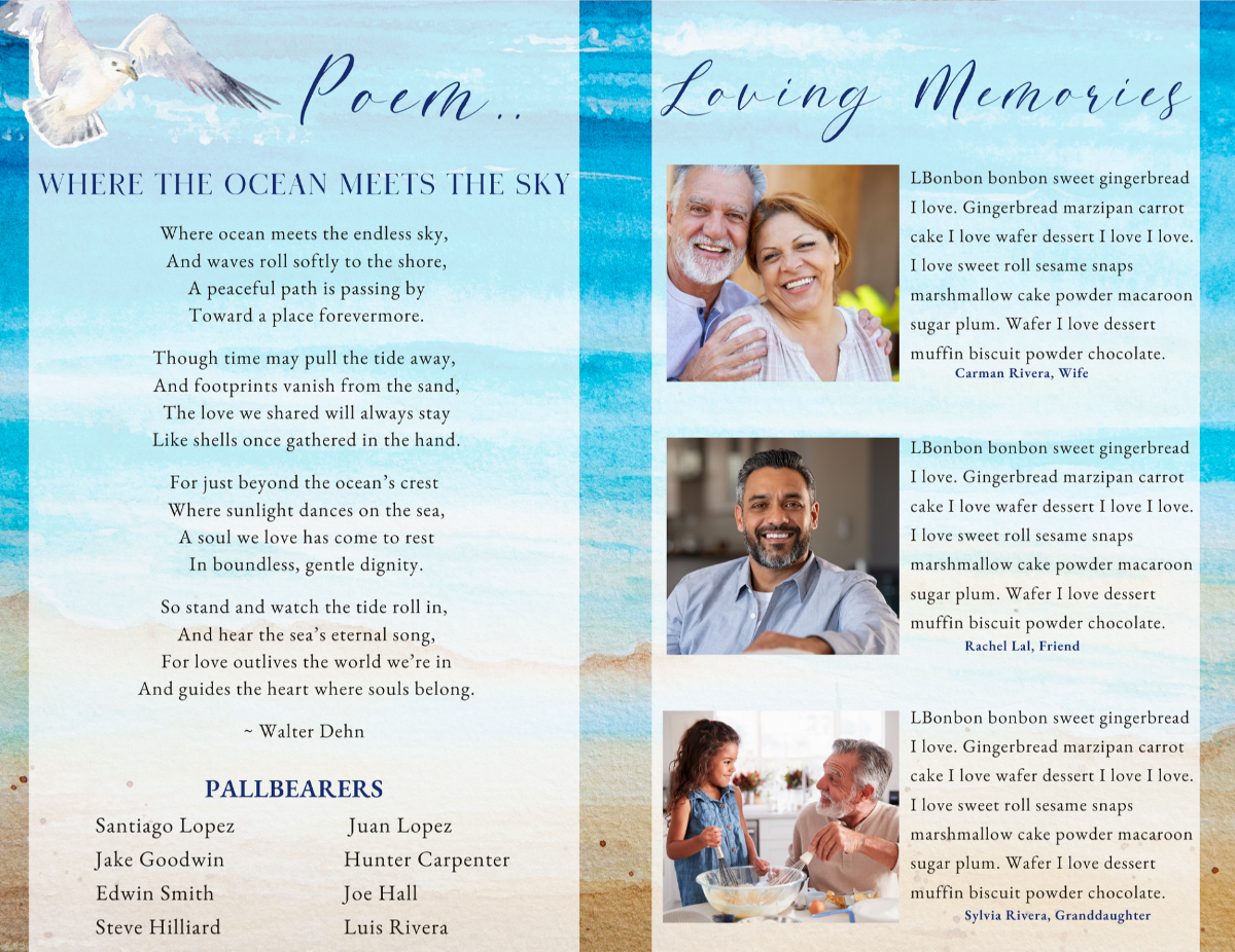 Poem and loving memories pages featuring ocean-themed backgrounds with space for family tributes, reflections, and meaningful photographs.