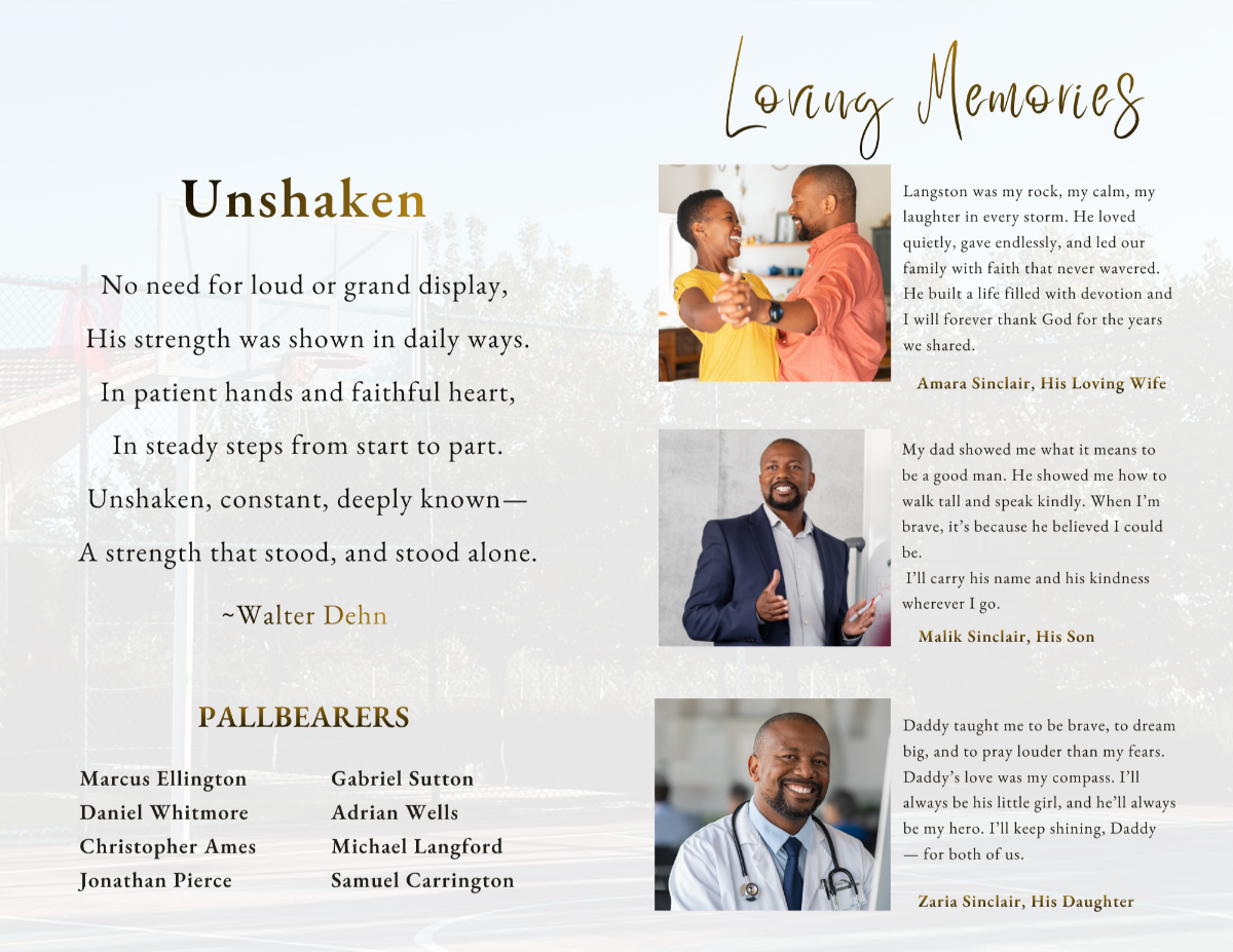 Pages featuring a heartfelt poem and pallbearers section, designed with a grounded, respectful tone.