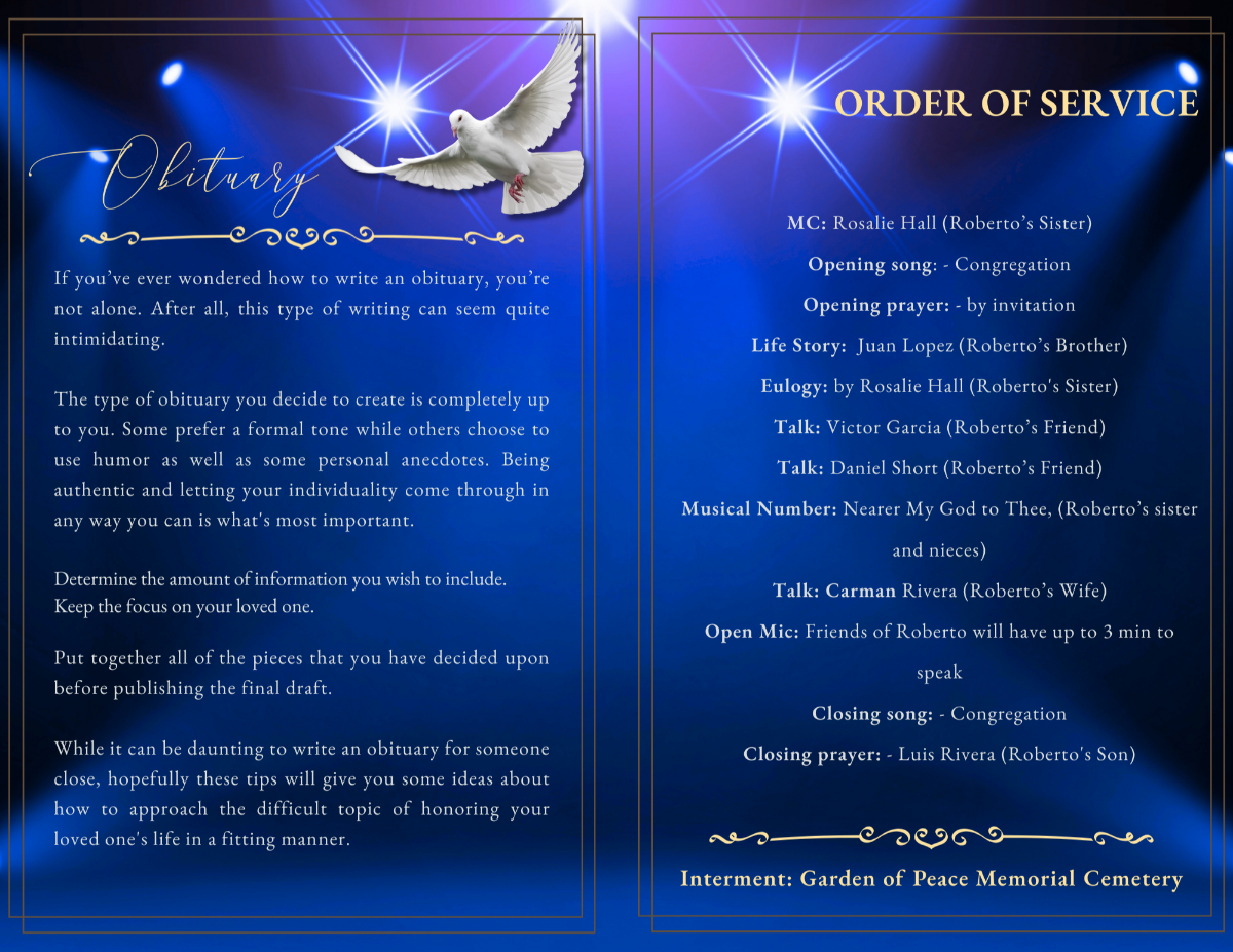 Obituary and order of service layout with clear, readable text sections, gold decorative dividers, and radiant sapphire-blue background designed for a dignified and organized memorial program.