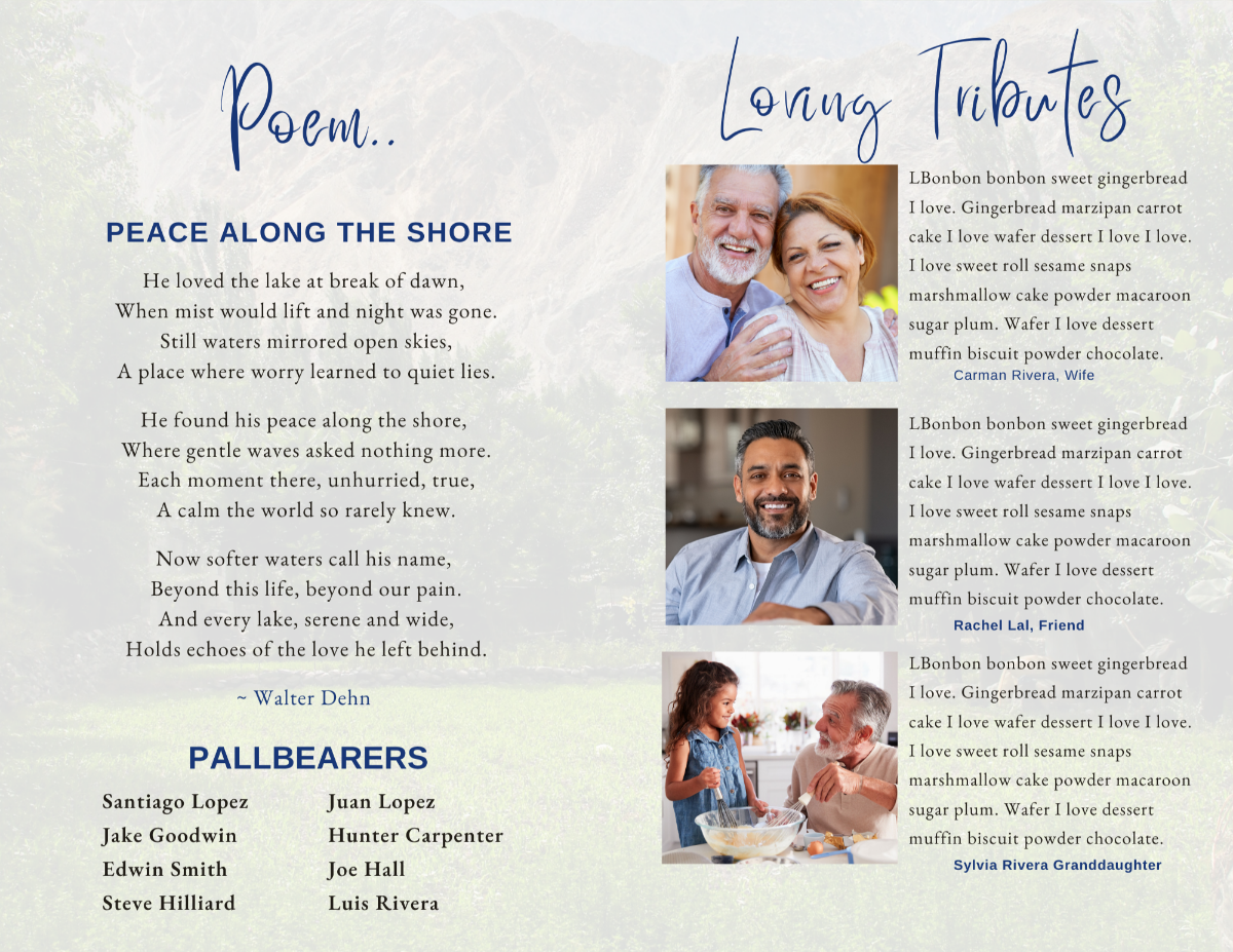 Interior pages featuring a heartfelt poem and loving memories section, with gentle textures and a calm, reflective tone.