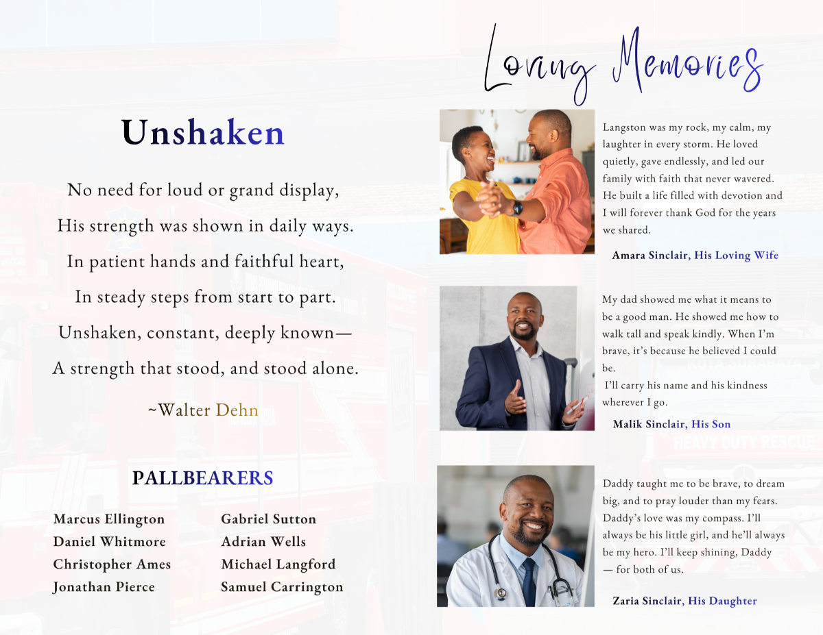 Interior pages showcasing multiple life moments, including family, career, and personal achievements, arranged in a clean and masculine layout.