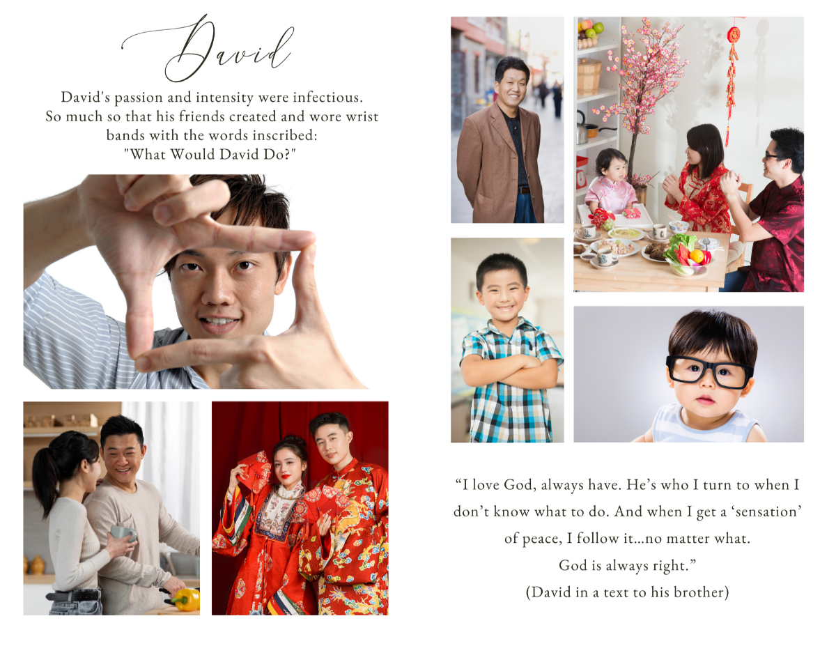 Photo collage pages showcasing meaningful life moments, arranged in a cohesive layout that honors legacy, connection, and a life remembered with deep respect.
