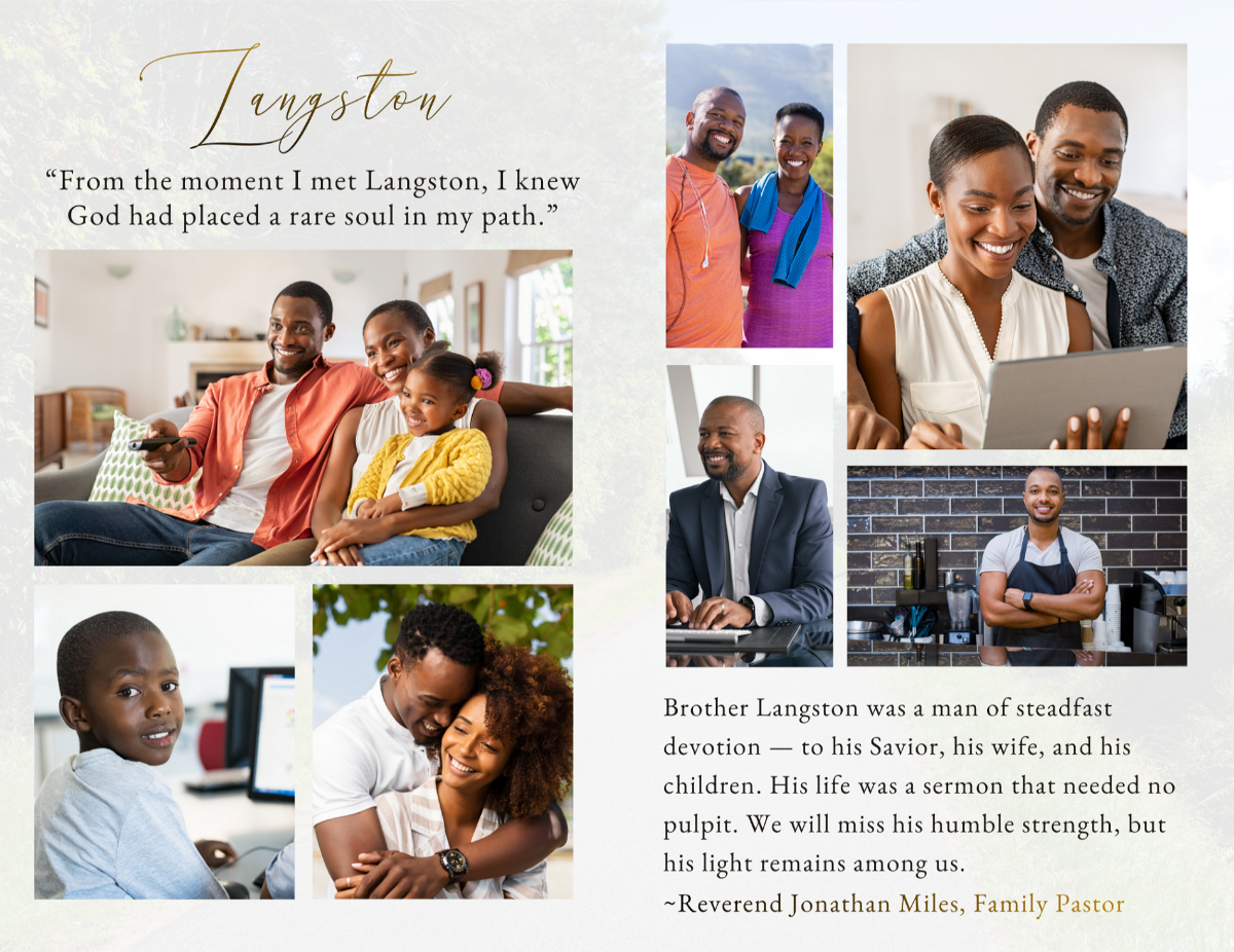 Photo collage pages highlighting meaningful life moments, from family time to personal passions, arranged in a cohesive and masculine layout.