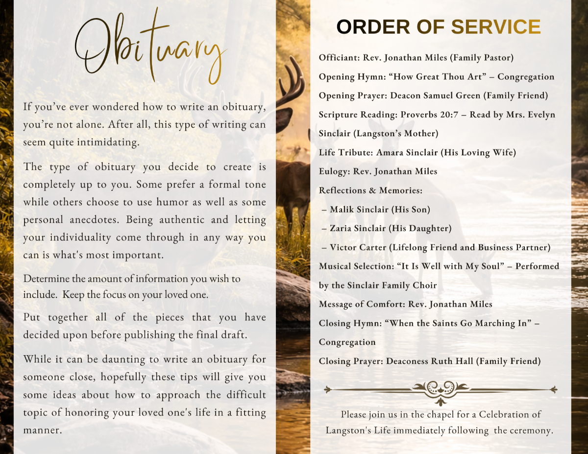 Interior pages displaying obituary text and order of service, styled with warm woodland tones and clean, readable formatting for a calm and respectful presentation.