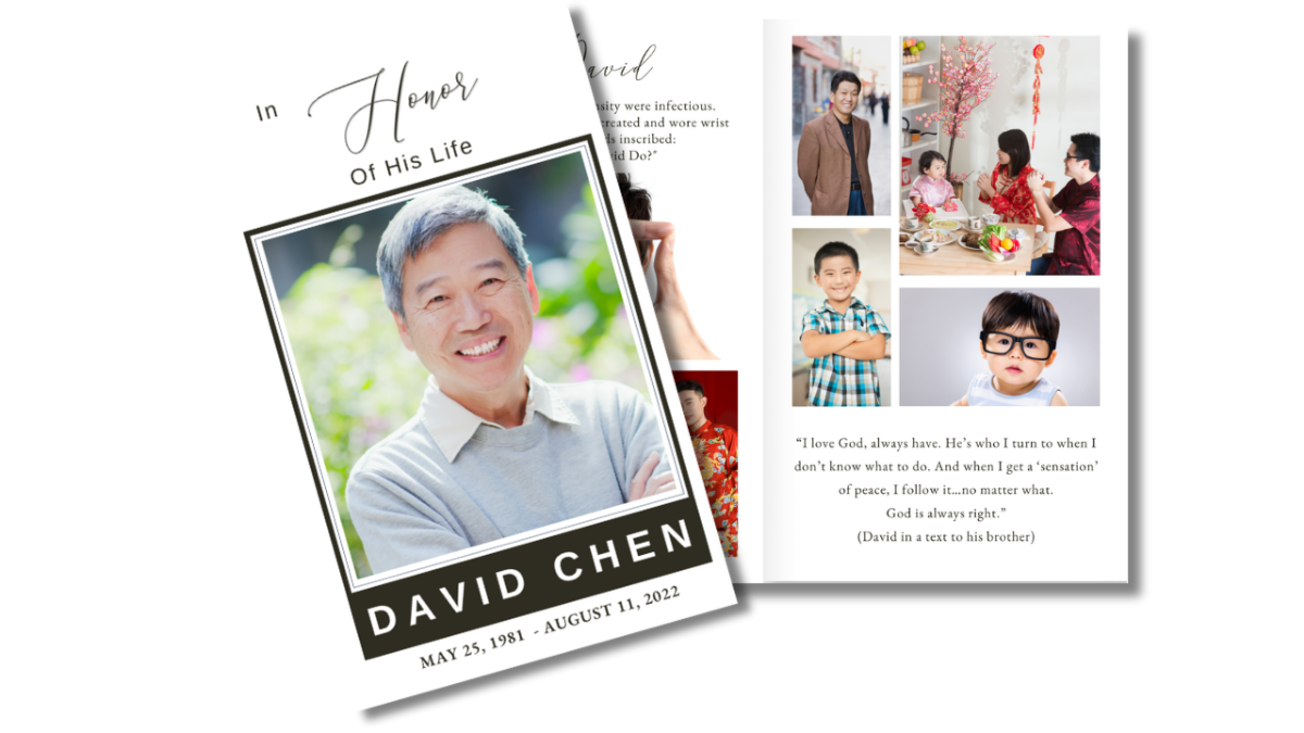 Front cover featuring a dignified portrait with a clean, classic frame, alongside an open interior layout displaying coordinated pages for service details and memories.