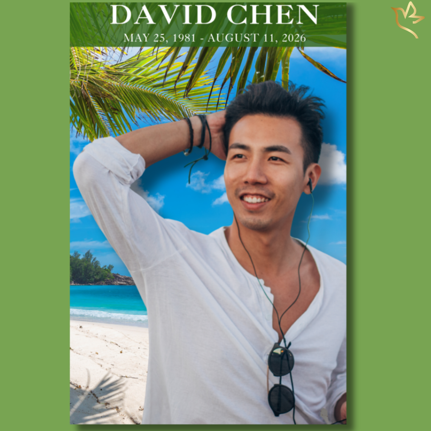 Men’s funeral program cover featuring a tropical beach background with palm leaves, blue sky, ocean view, and a portrait framed with soft gradient overlays and elegant typography.