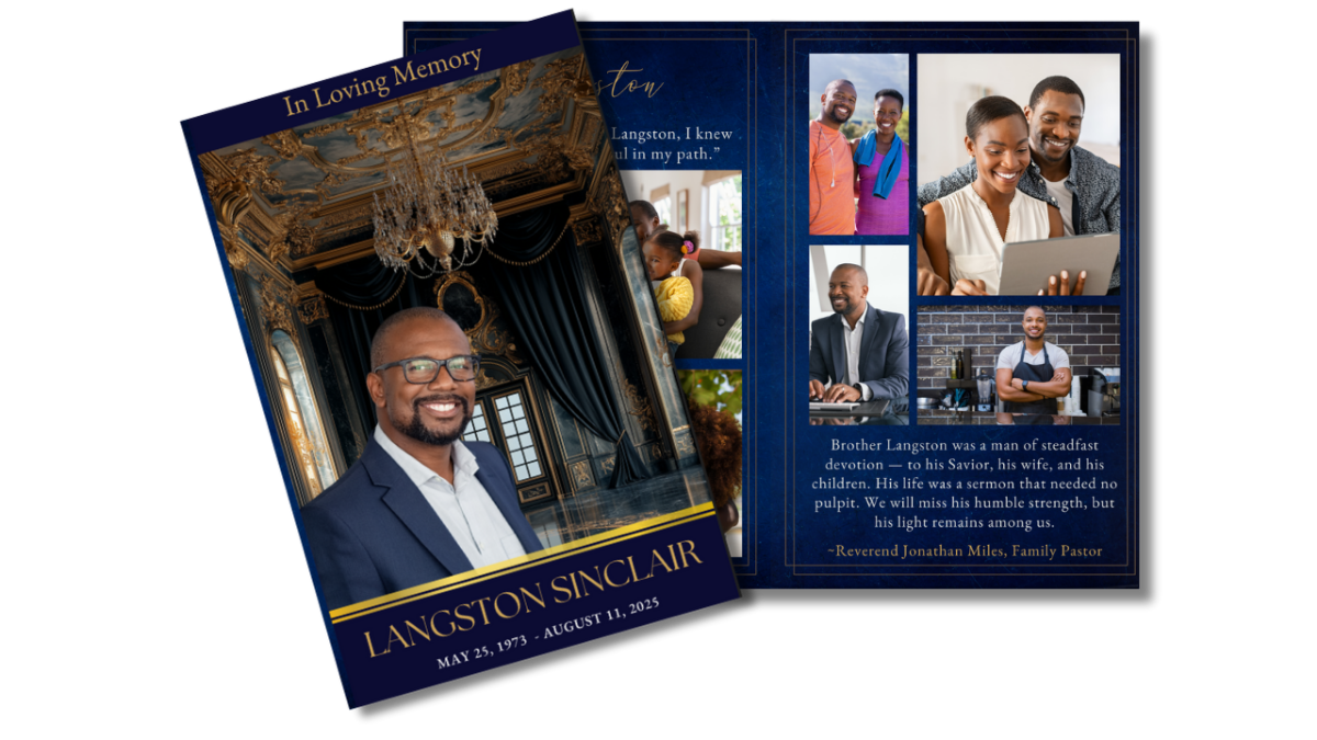 Thank-you message and poem on deep blue textured background with dove artwork on the left; matching memorial cover with smiling gentleman and regal gold palace setting on the right.