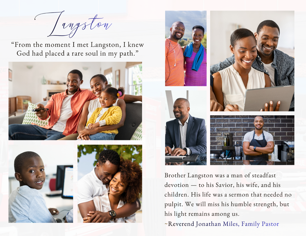 A thoughtfully arranged photo collage page highlighting meaningful moments from his life—family time, career achievements, and personal passions—presented in a clean, masculine layout that tells his story through images.