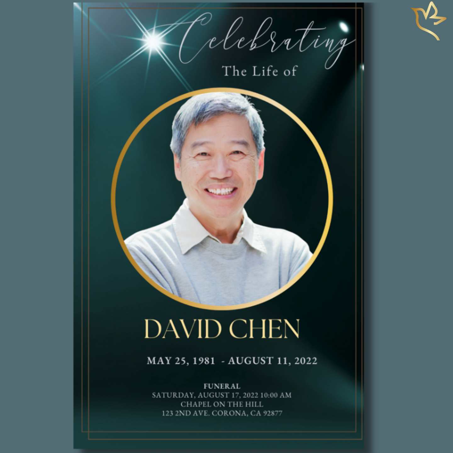 Elegant jade funeral program cover featuring a centered portrait framed in gold, radiant beams of light above, and refined script typography that honors a life of strength, faith, and enduring love.