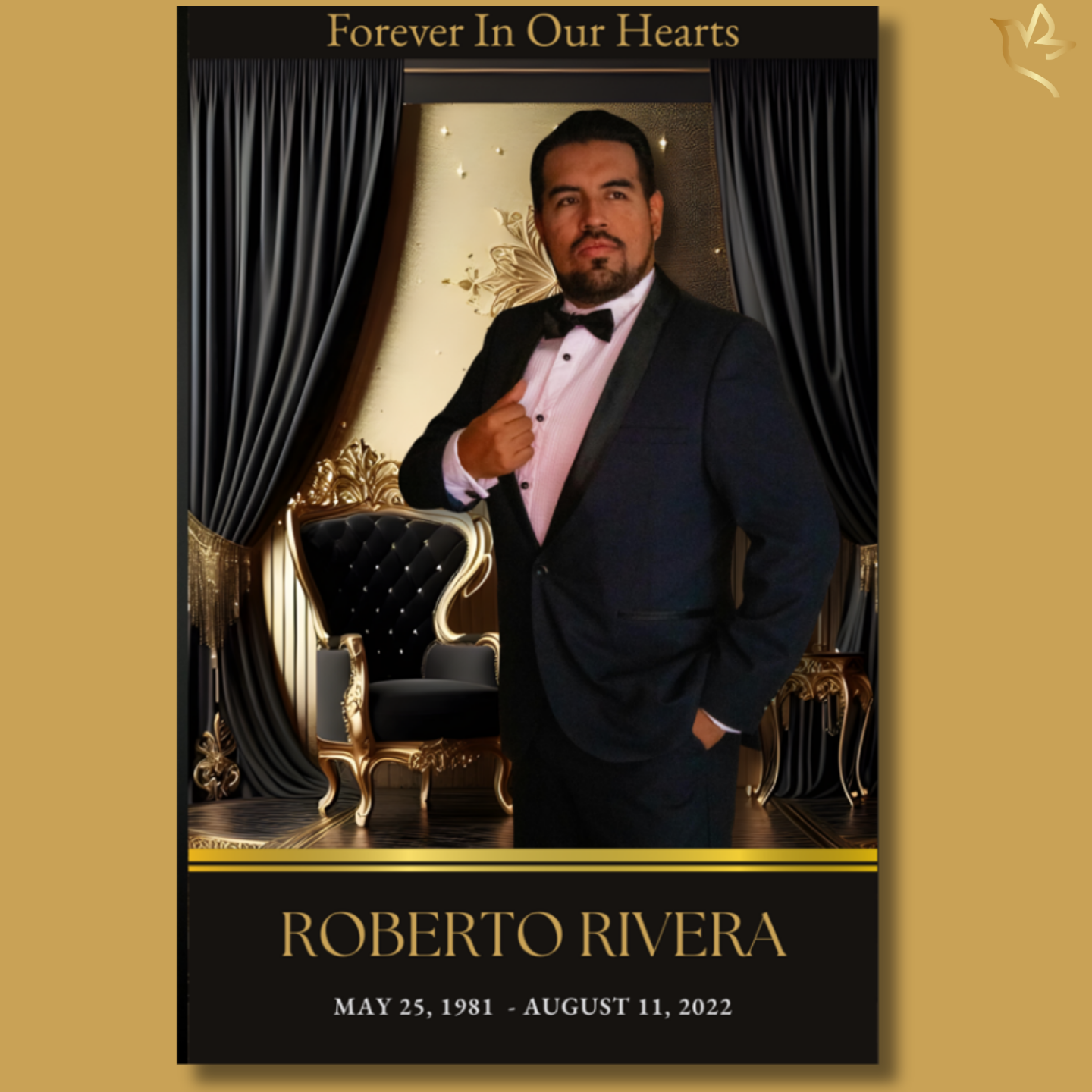 Golden Throne funeral program front cover featuring elegant black-and-gold drapery, ornate royal chair, full-standing portrait, and luxurious memorial layout.