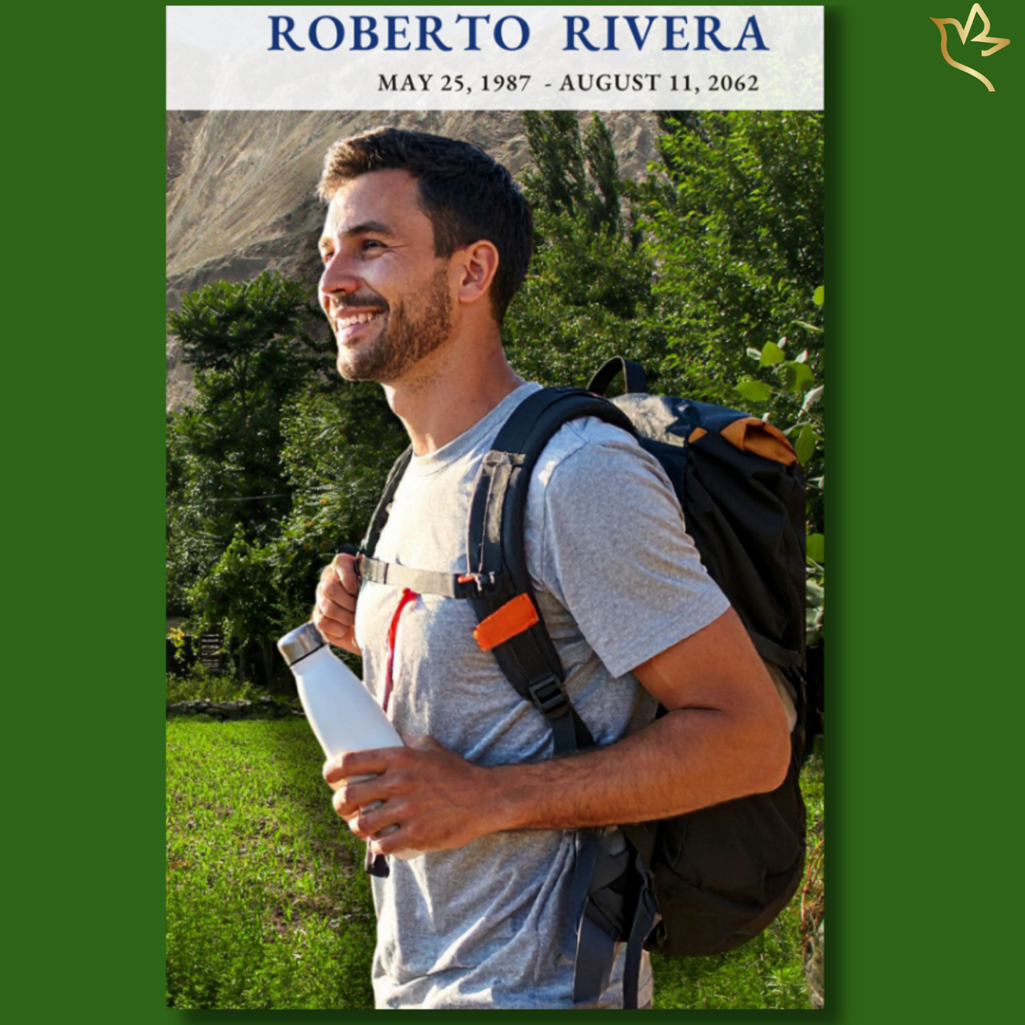 A smiling man hiking along a sunlit mountain path with a backpack and water bottle, surrounded by lush greenery and natural terrain, set in a calm, nature-inspired layout with soft neutral tones.
