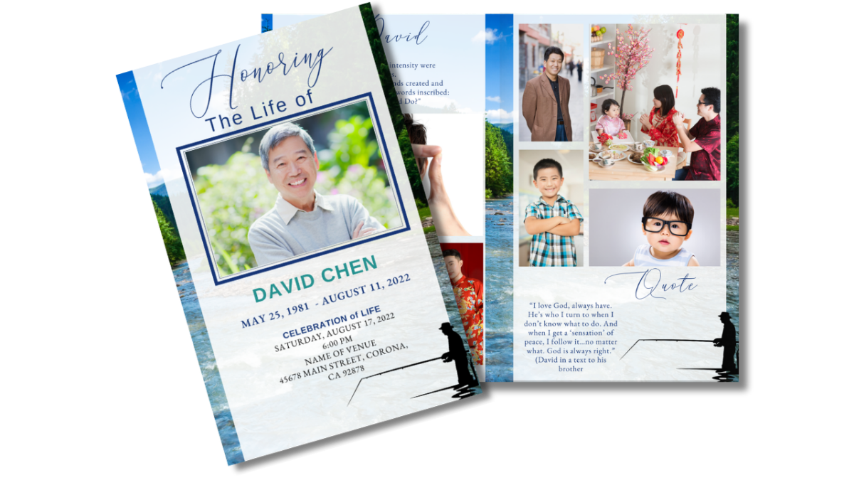 Fly Fishing Funeral Program Template featuring a serene lake background and soft blue tones. The design includes a front cover with a photo of a smiling man, life dates, and service details, alongside inner pages with additional photos, text, and a peaceful outdoor theme that honors a life loved near the water.