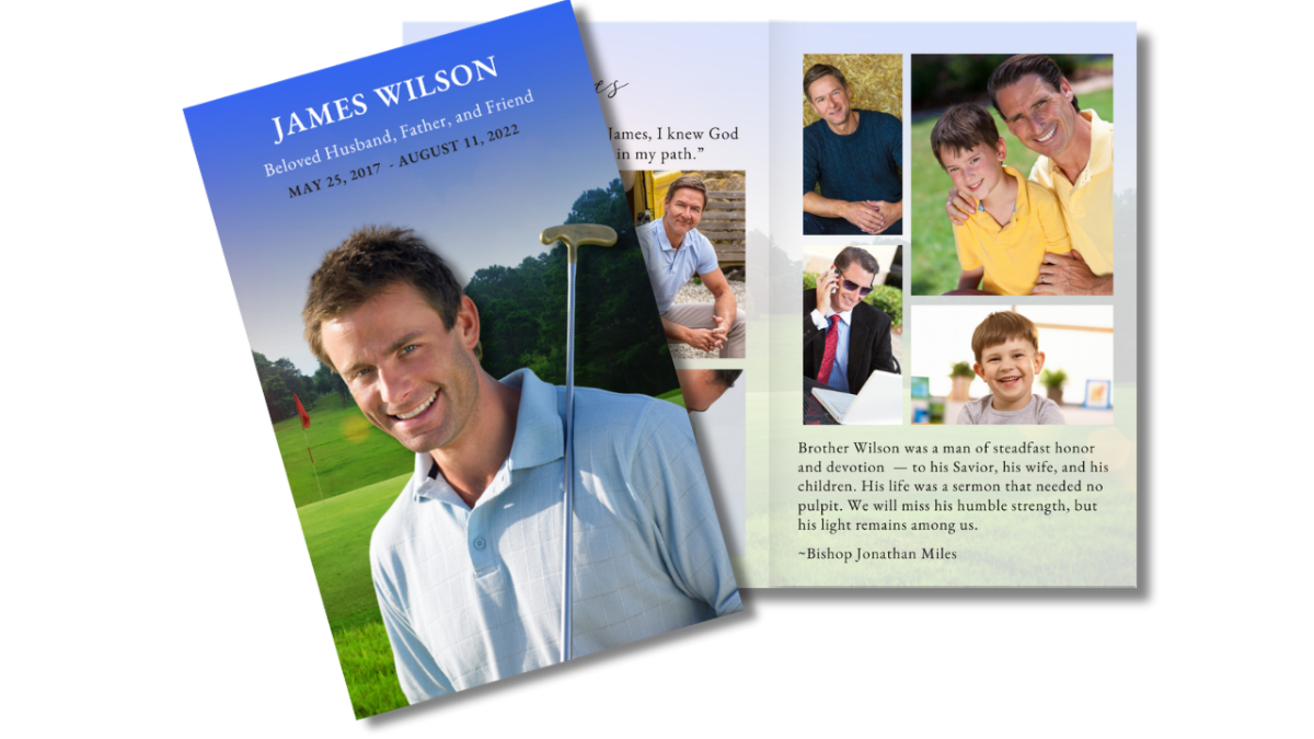 Front cover and interior layout displaying a sunrise golf course background, soft golden light, blue sky header, and clean structured pages for a peaceful memorial presentation.