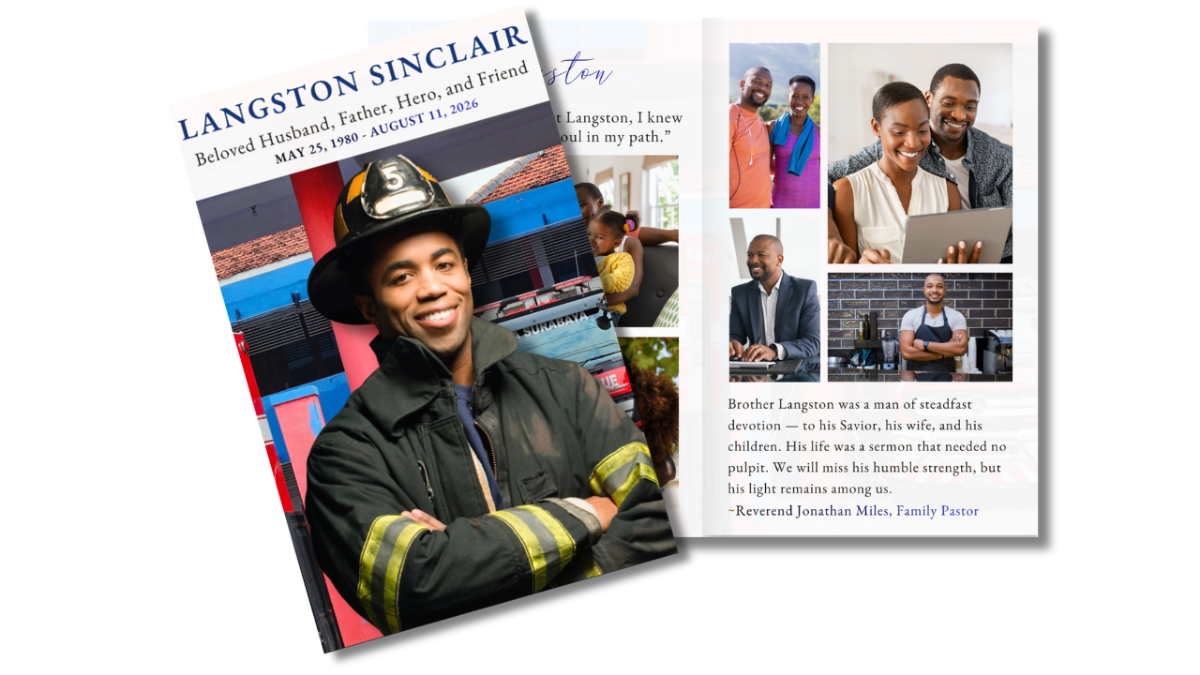Front cover featuring a firefighter in full gear alongside an open interior layout with organized sections for memories, family photos, and tributes.