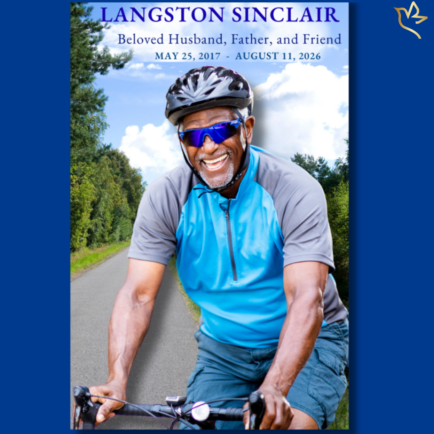 Men’s funeral program cover featuring a smiling man riding a bicycle on a peaceful road, surrounded by trees and blue sky, with bold navy typography and a clean structured layout for a meaningful memorial design.