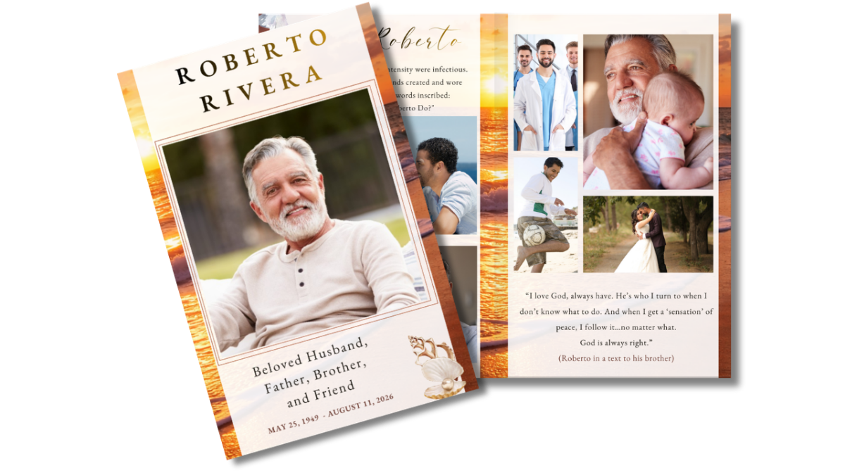 Front cover featuring a glowing ocean sunset with a portrait frame, alongside an open interior layout showing coordinated pages for service details and memories.