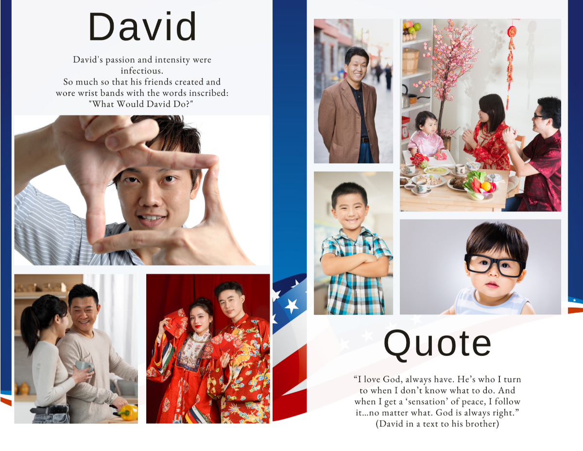 Photo collage for army and veteran funerals with flag ribbon design and navy-blue tones.