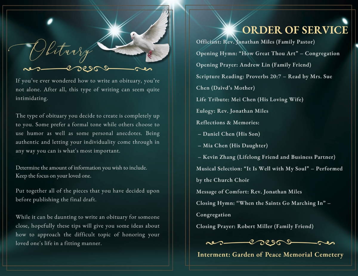 Obituary and order of service layout with clear, readable text sections, gold decorative dividers, and radiant jade background designed for a dignified and organized memorial program.