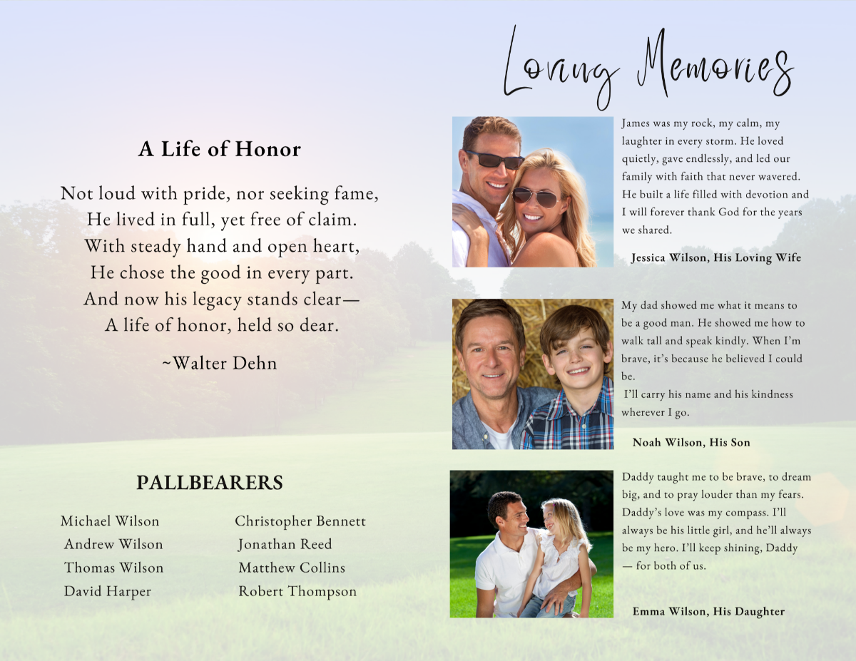 Poem and memorial pages featuring a light sky and golf course backdrop, soft natural tones, and refined typography for heartfelt reflections.