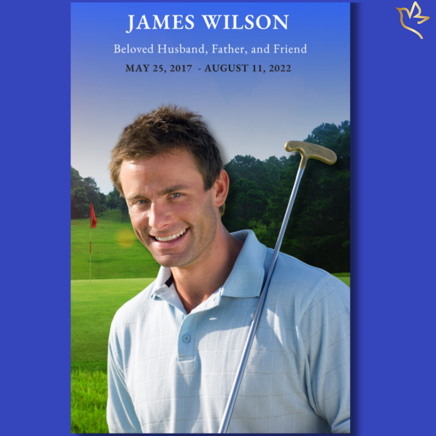 Funeral program cover featuring a serene golf course at sunrise with soft golden light, a smiling man holding a golf club, blue sky gradient header, and elegant white typography for a peaceful memorial design.
