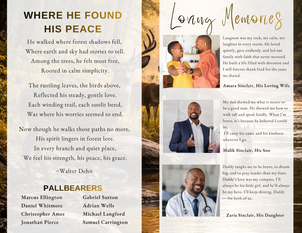 Pages featuring a reflective poem and heartfelt family tributes, designed to honor a life of quiet strength, faith, and enduring love.