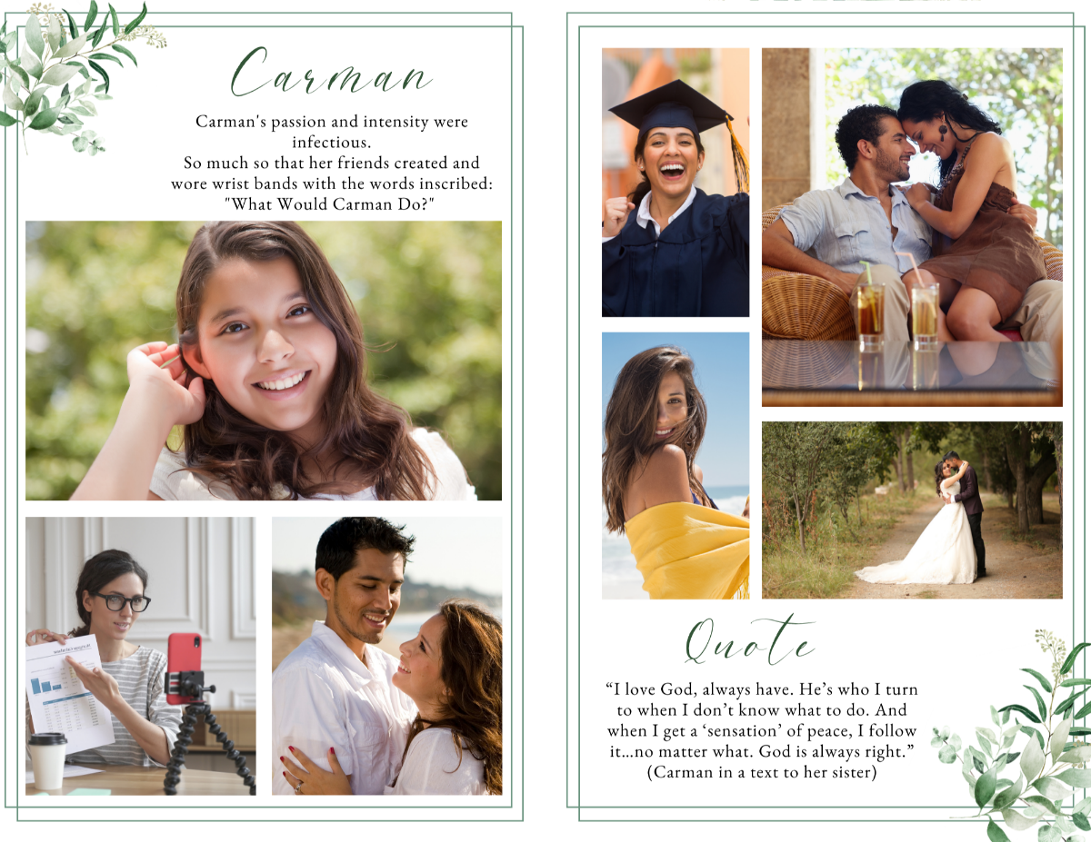 Celebration-of-life photo collage with multiple images from meaningful life moments, bordered in soft green with eucalyptus accents and a centered quote section.