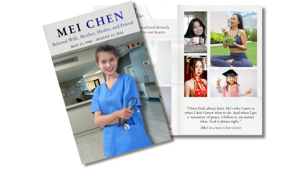 Front cover featuring a woman in a professional caregiving setting alongside an open layout displaying personal photos and life moments in a clean, elegant design.