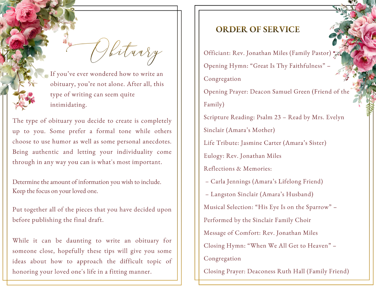 Editable Crimson Rose Funeral Program Template – 4 and 8-page memorial layout with obituary and order of service, rose design, Canva printable