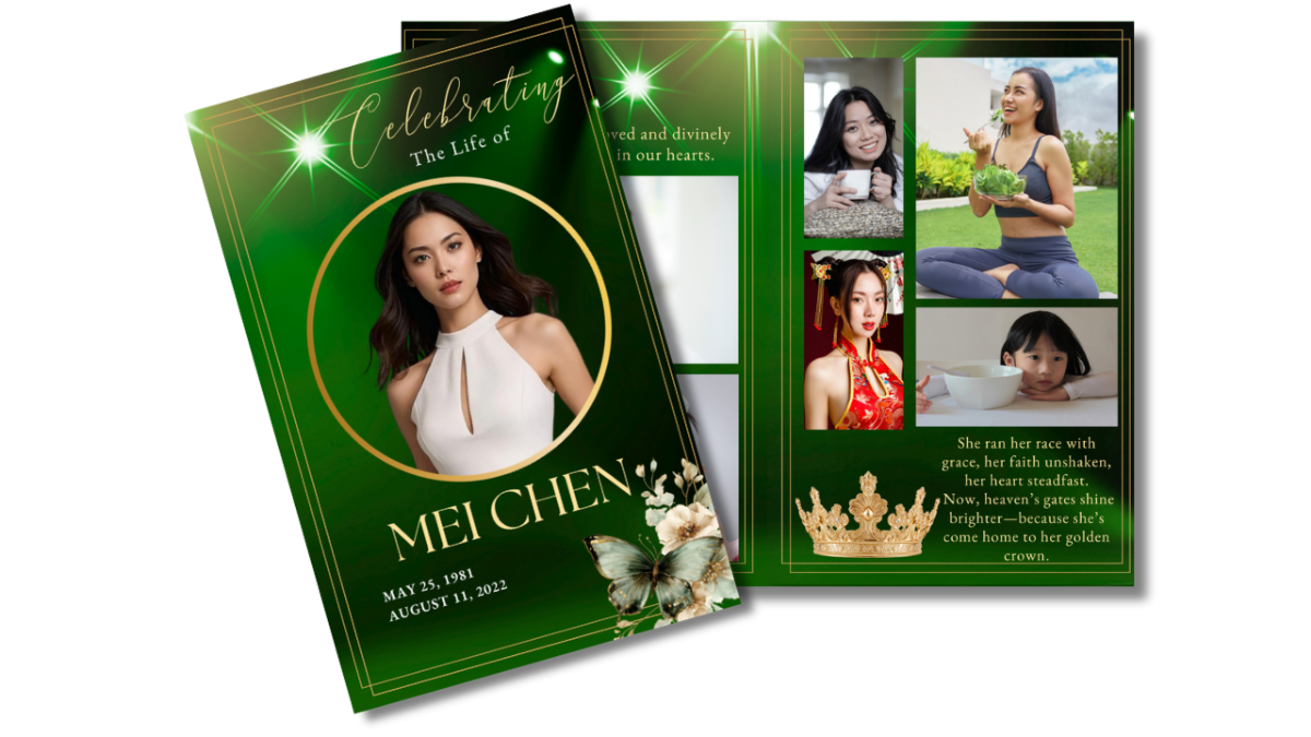 Front cover and interior layout displaying deep emerald green background with radiant light beams, elegant gold borders, circular portrait frame, and structured memorial pages.