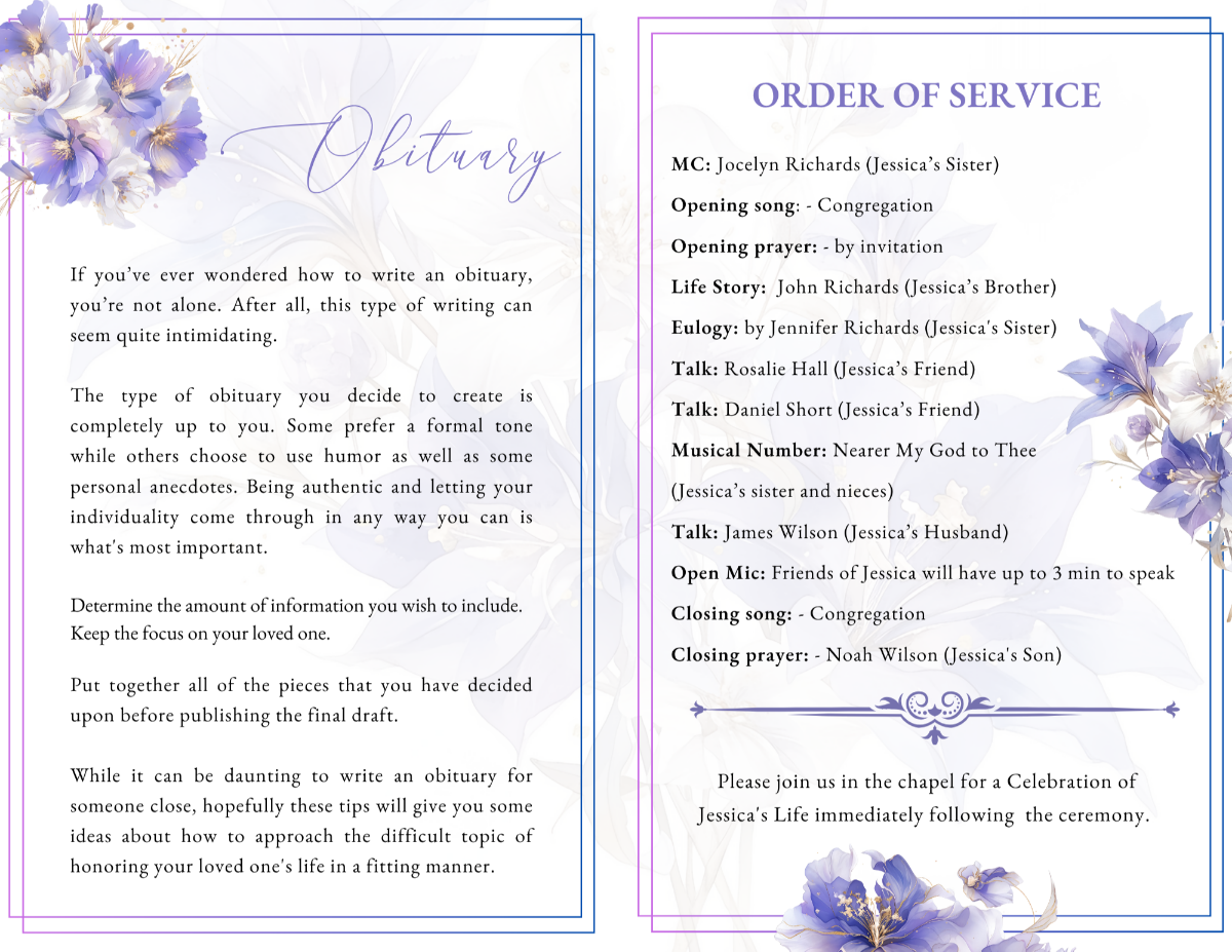 Obituary and order of service layout in soft lavender tones with matching violet blooms.