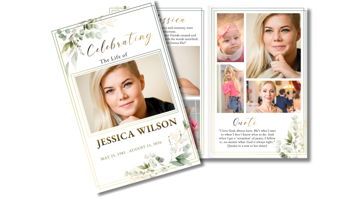 Two-page spread showing Peaceful Eucalyptus funeral program cover and thank-you page with natural leaf accents.