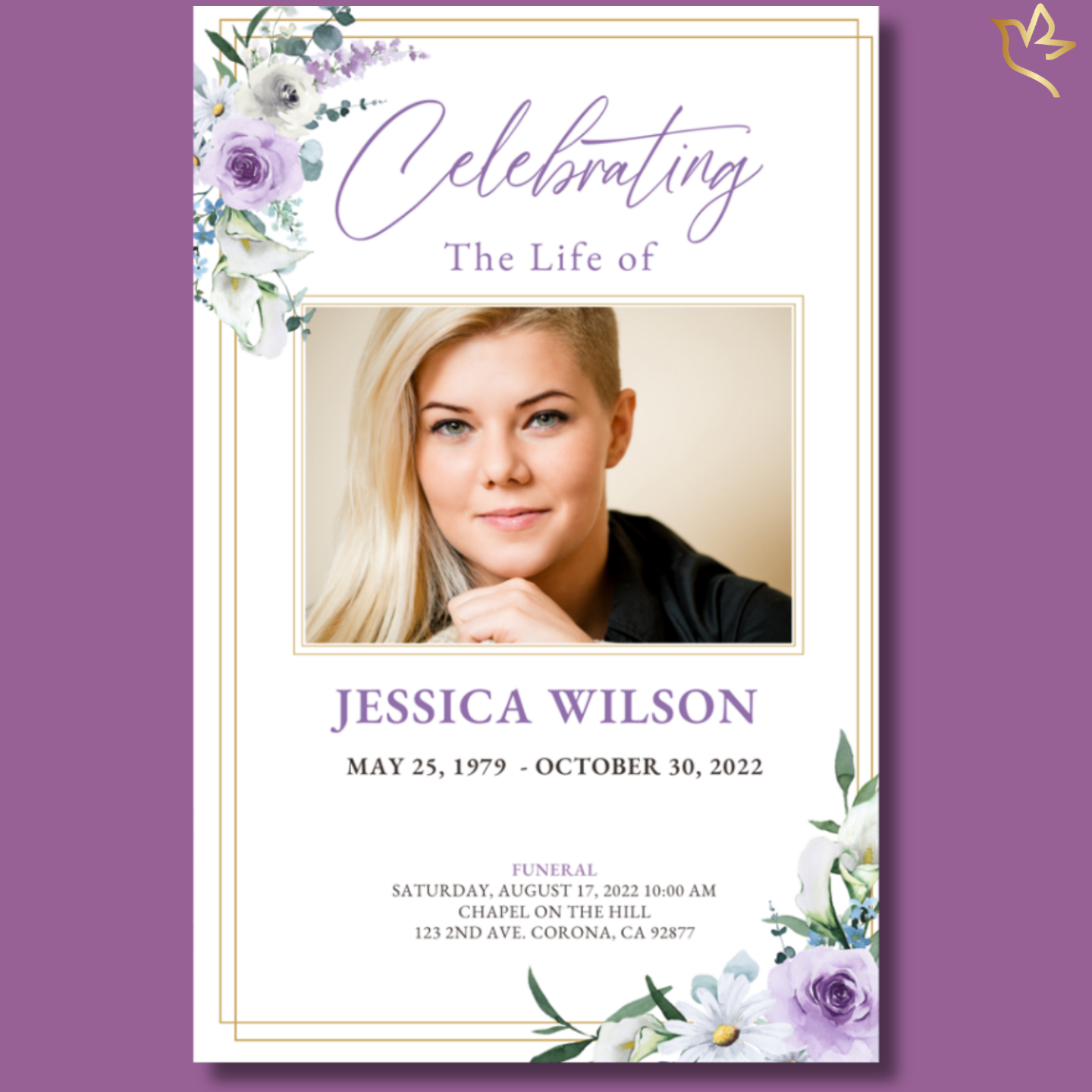 Front cover of Love and Longing Lavender Funeral Program Template with purple and white florals and gold border design.