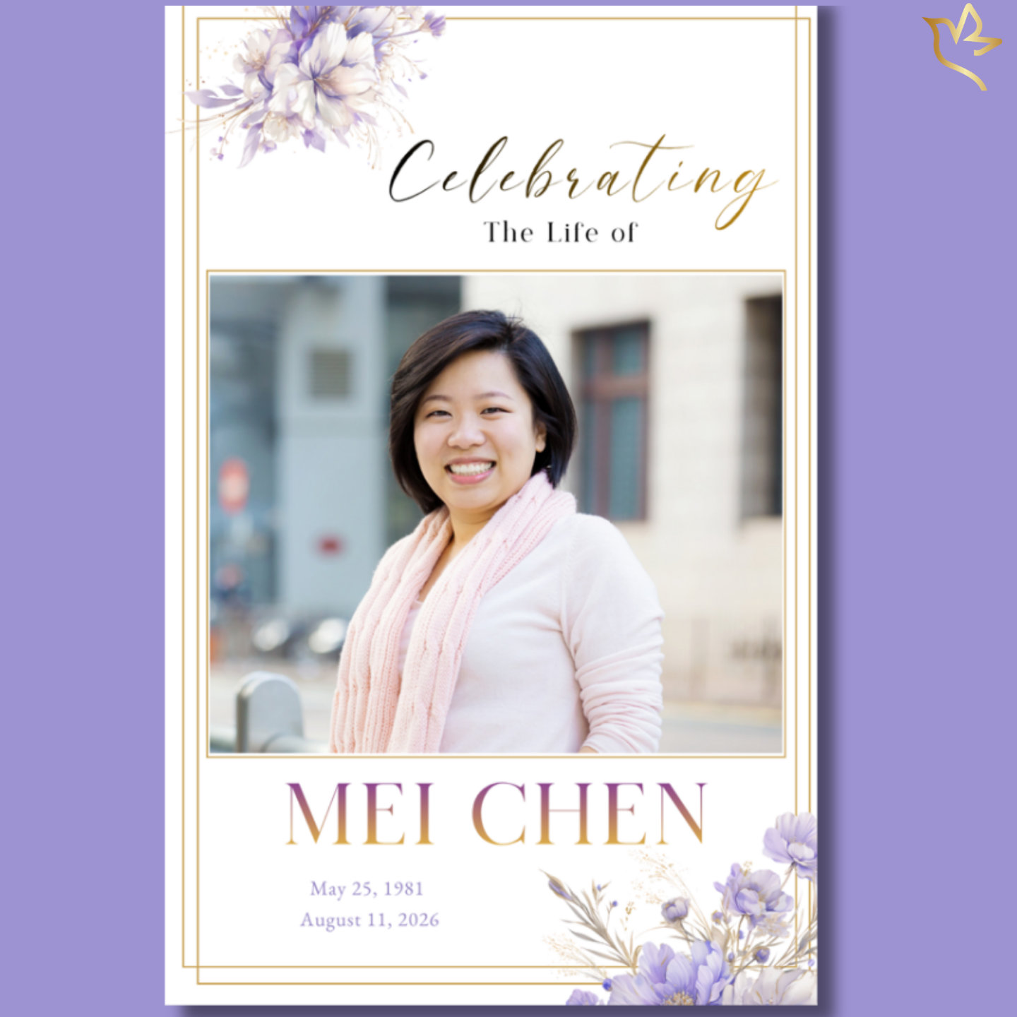 Whispering Violets funeral program cover featuring soft lavender and ivory floral arrangements with subtle gold accents, framing a centered portrait with elegant script and serif typography on a light background.