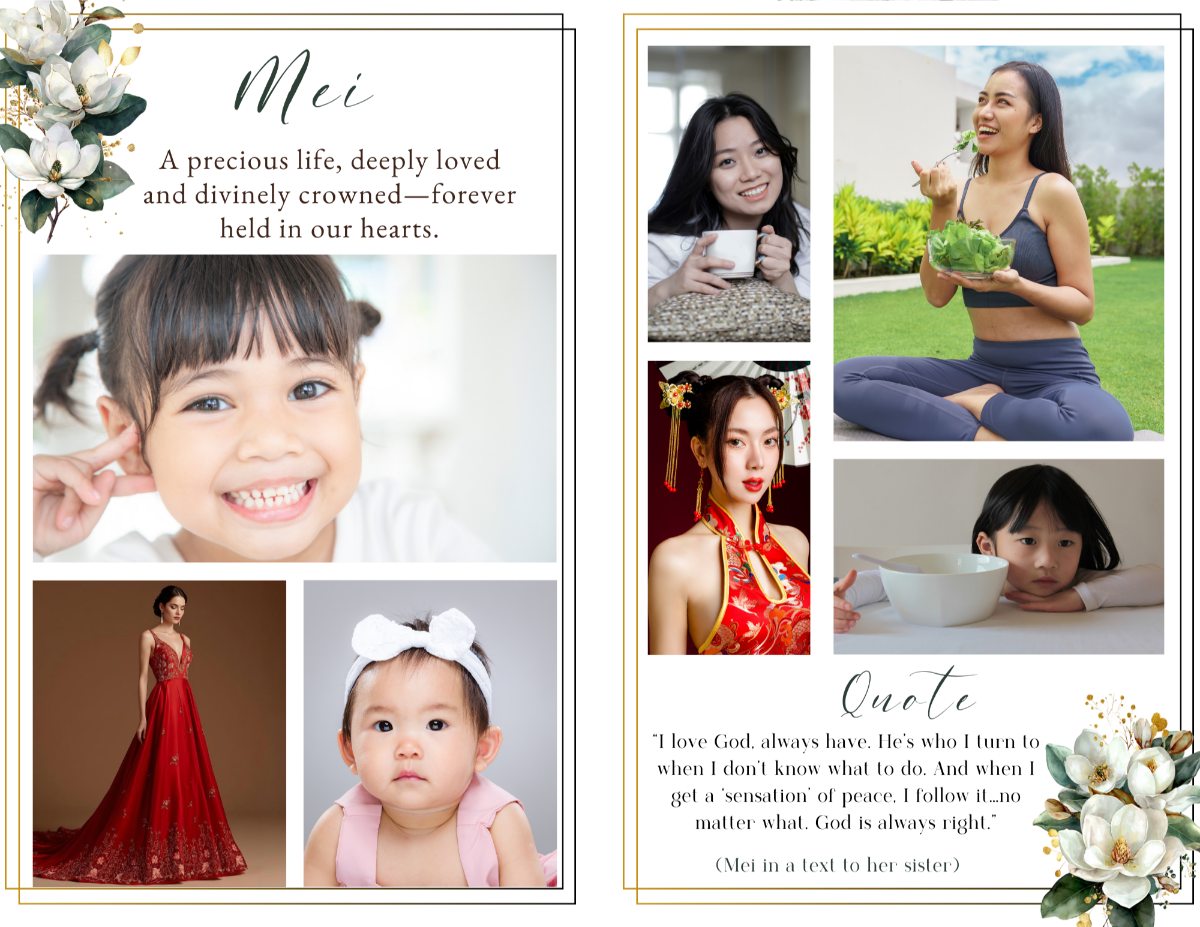 Photo collage tribute spread displaying childhood, family, and life moments arranged in clean framed layouts with delicate magnolia accents.