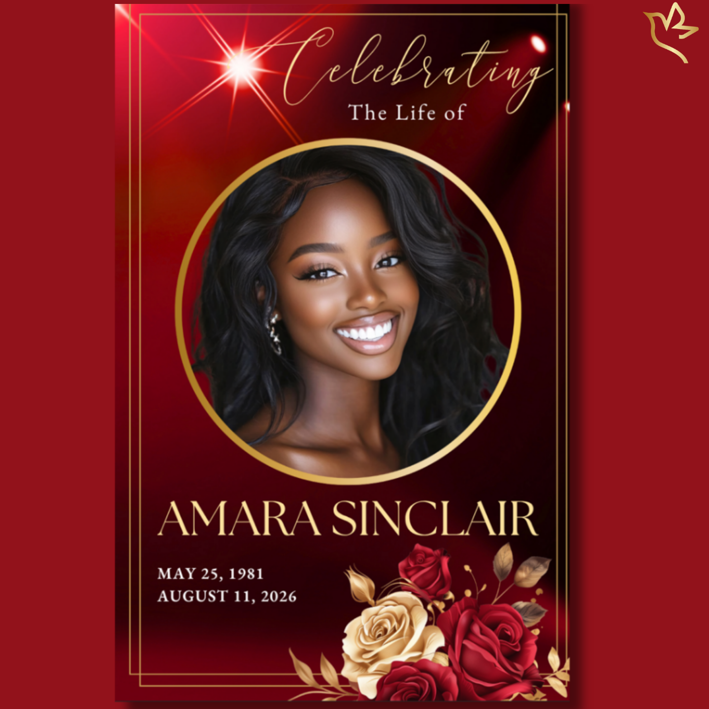 Royal Ruby funeral program cover featuring a deep ruby red background with radiant light flares, elegant gold framing, circular portrait frame, and red and ivory rose accents for a luxurious memorial design.