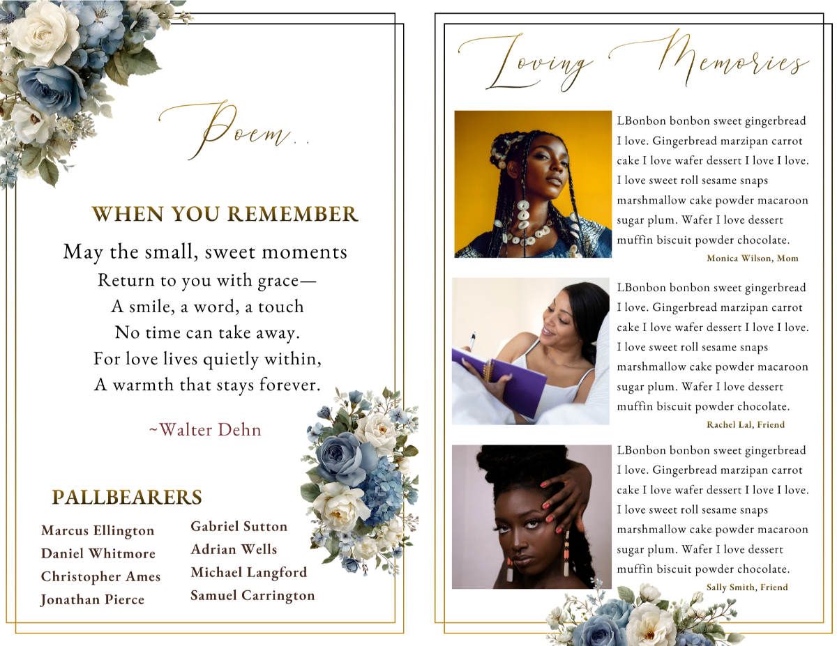 Poem and loving memories pages featuring balanced layouts with portrait photography and dedicated space for heartfelt reflections and family tributes.