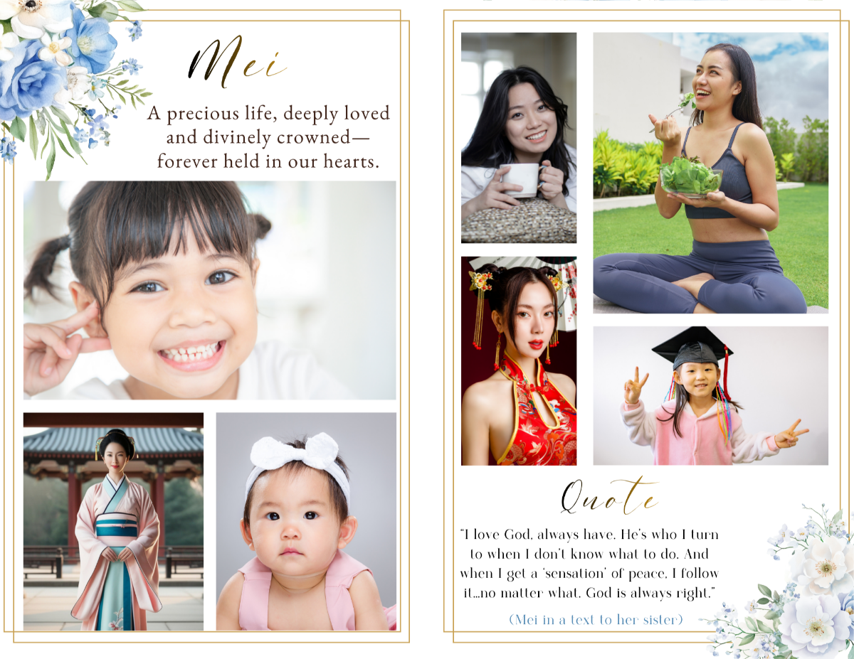 Photo collage tribute spread featuring childhood, family, and life moments arranged in clean framed layouts with soft blue and ivory floral accents.