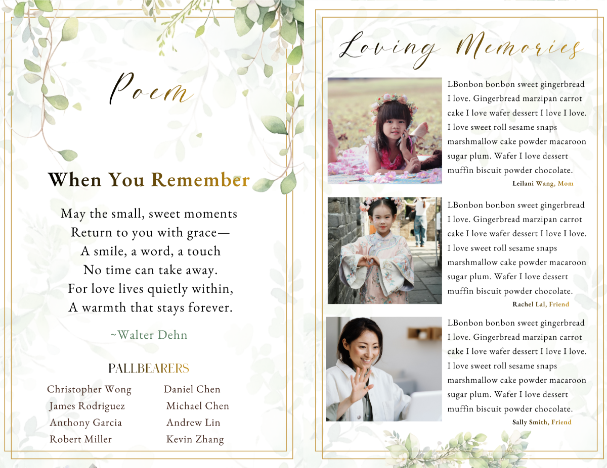 Poem and loving memories pages showcasing soft layouts with photo placements and space for heartfelt tributes surrounded by delicate greenery.