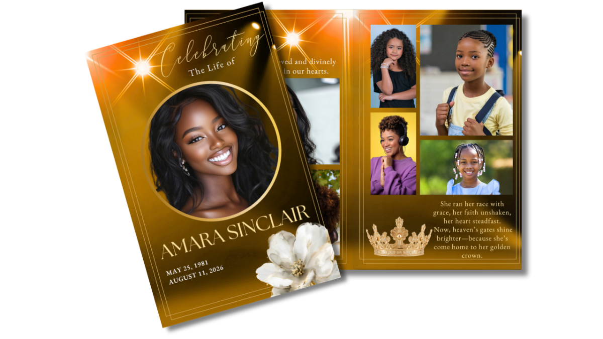 Front cover and interior layout displaying radiant golden background with light beams, elegant gold borders, circular portrait frame, and structured pages for a refined memorial presentation.