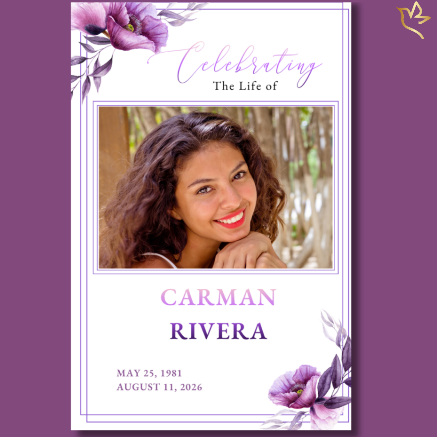 Soft lavender memorial cover featuring a smiling portrait, elegant script title, double-line borders, and vivid violet florals arranged in the top and bottom corners for a graceful, feminine tribute.