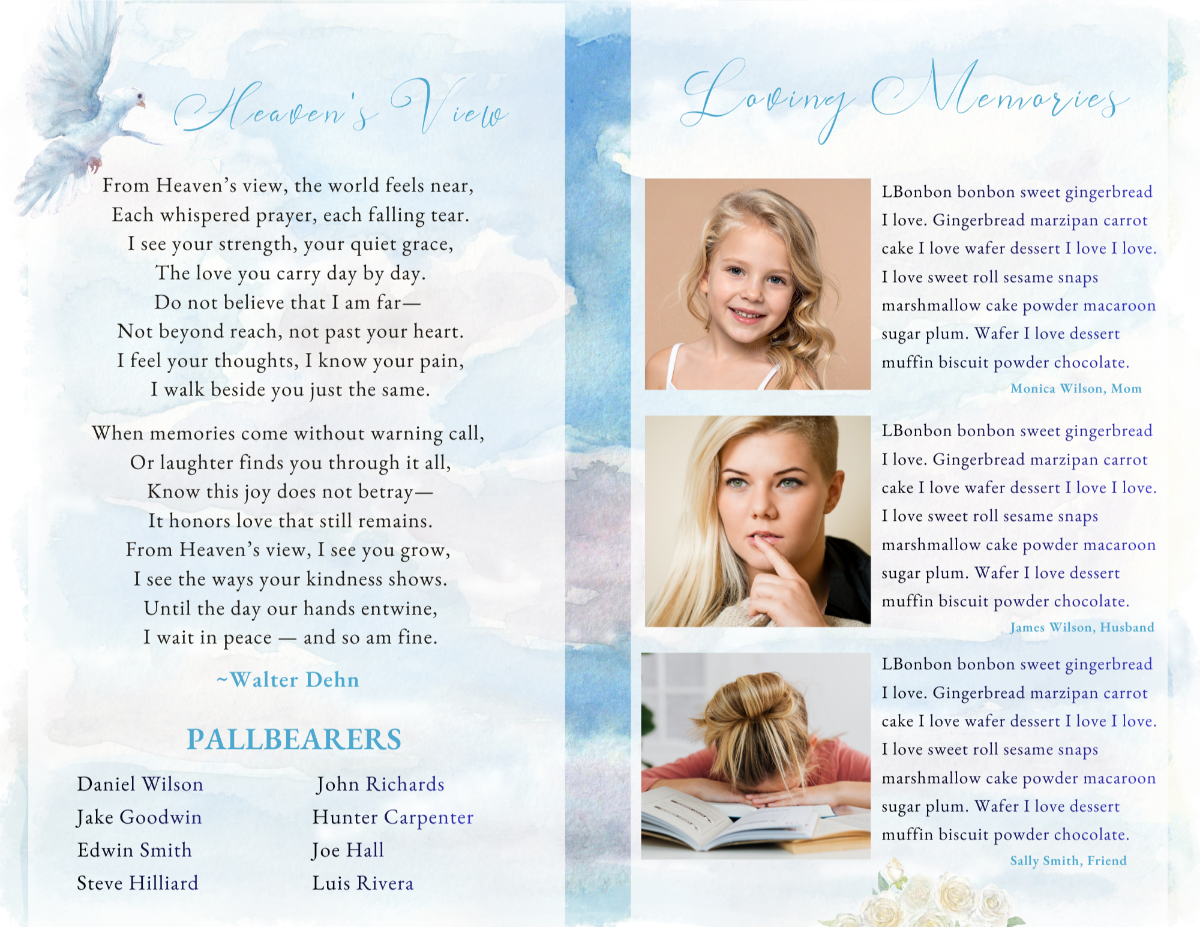 Poem page alongside loving tribute photos, set on a blue watercolor background with soft dove illustrations.