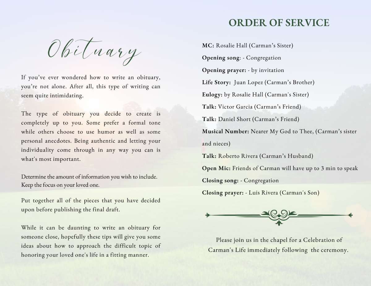 Obituary and order of service pages with clean typography, structured layout, and soft outdoor background.