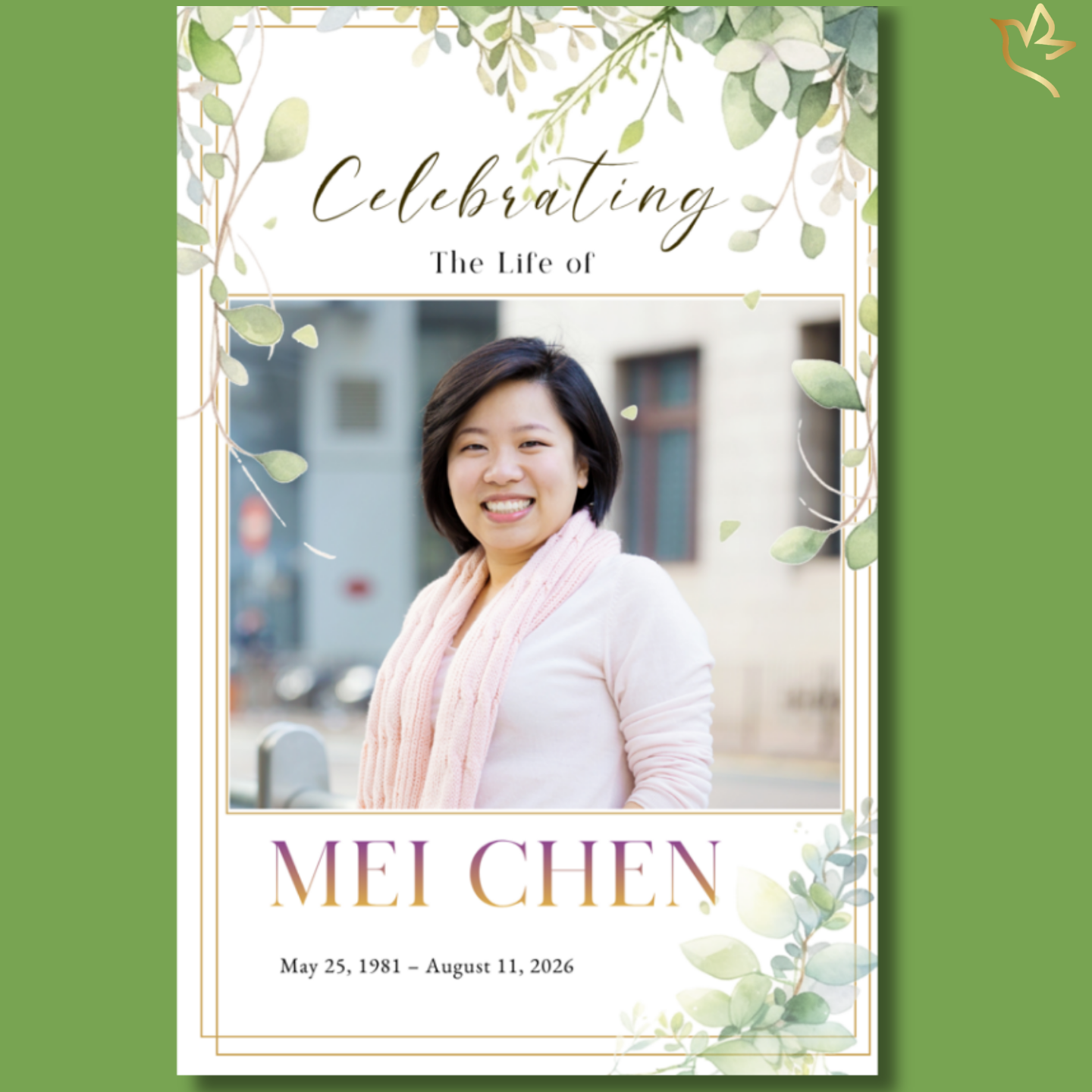 Whispering Eucalyptus funeral program cover featuring soft green eucalyptus leaves with delicate gold borders framing a centered portrait, styled with elegant script and serif typography on a light, airy background.