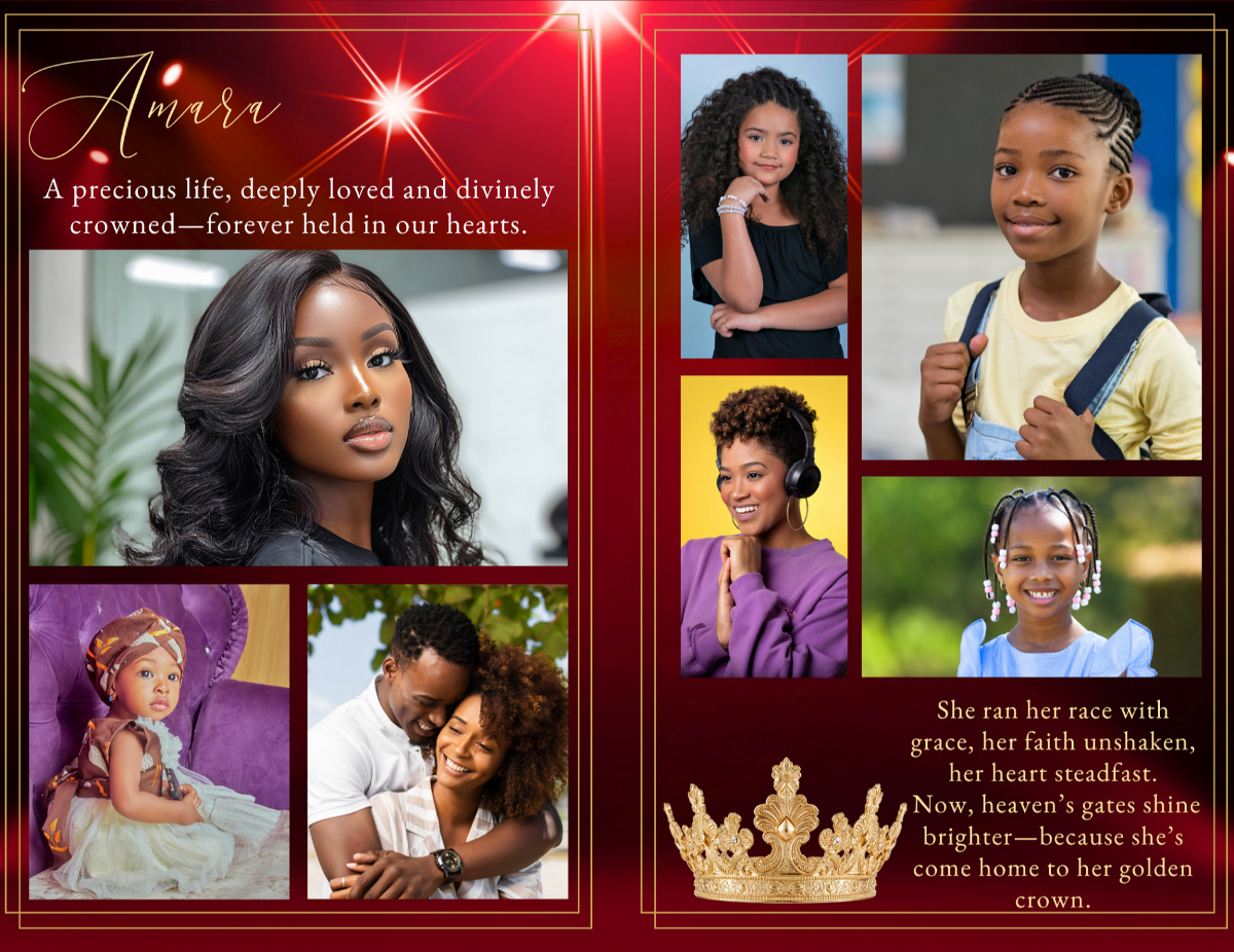 Photo collage layout showcasing meaningful life moments arranged in a deep ruby setting with soft lighting overlays and refined gold framing details.