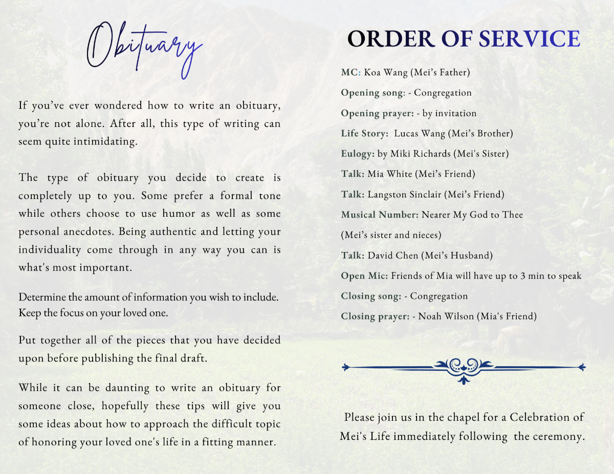 Interior pages displaying obituary text and order of service, styled with soft natural textures and clean, readable formatting for a calm and grounded presentation.
